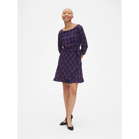 NEW GAP Women’s Small Tall Plaid Faux-Wrap Ruffle Hem Dress - Picture 1 of 5